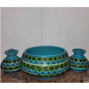 Bitossi Italy Console Bowl w/ Matching Candlestick Art Pottery Rimini blue Green